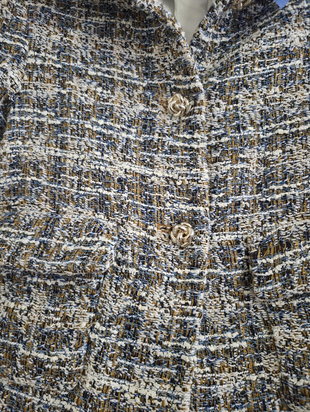 Zara Cropped Bouclé Tweed Blazer XS Blue White Gold Button Mobwife Chic - Picture 3 of 7